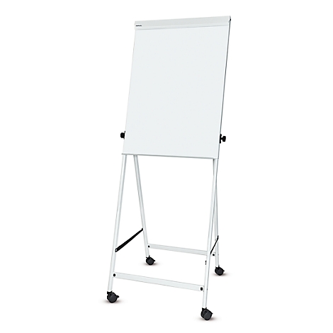 Wit flip-overbord op wielen, klaar voor presentaties. Het contrast is hoog en de lijnen zijn strak.