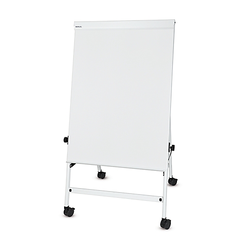 Wit flip-overbord op wielen, met blanco ruimte voor aantekeningen of presentaties.