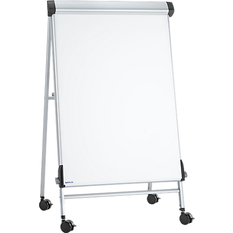 A white flip chart on wheels, with a silver frame and black accessories.