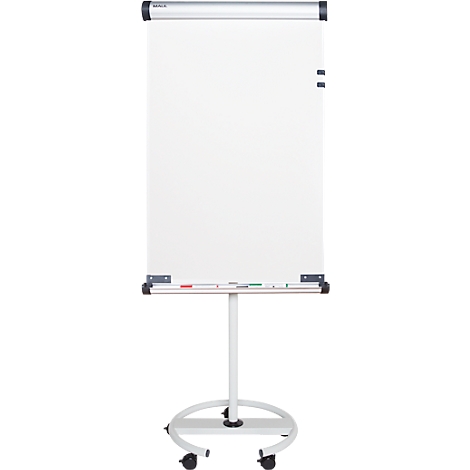 Wit whiteboard op wielen; grijze houder; zwarte uiteinden; penhouder.