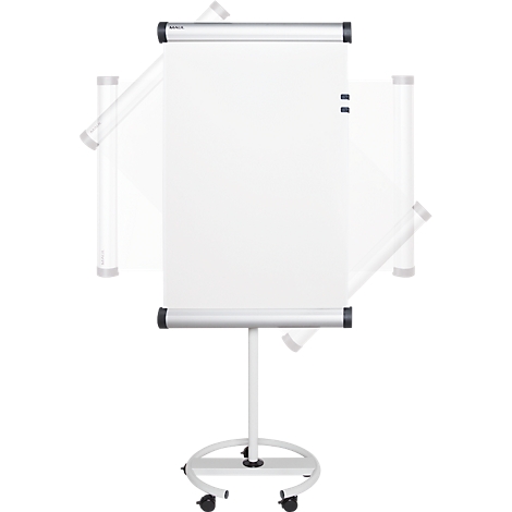 Wit flip-overbord op wielen, met papier. Zilveren houders en zwarte uiteinden.