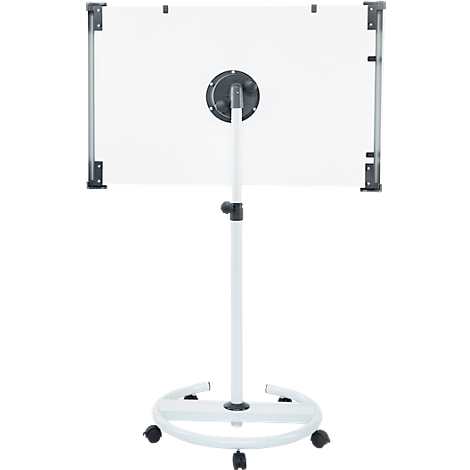 Wit, mobiel whiteboard op wielen. De standaard is in hoogte verstelbaar.