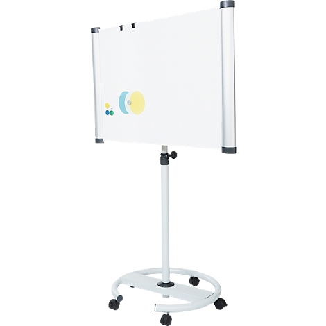 Whiteboard op wielen, versierd met gekleurde cirkels. In hoogte verstelbaar en zwarte wielen. Inclusief ophanging.