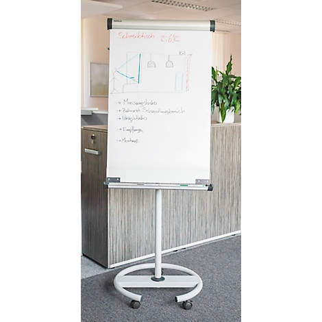 Wit flip-overbord met tekeningen en notities, staand op een standaard met wielen, op kantoor.