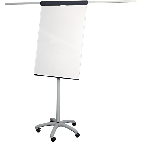A white flip chart on a gray stand with wheels, against a white background. A bracket at the top.