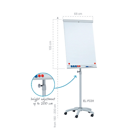 Un paperboard blanc sur un pied réglable en hauteur, dimensions : 68 x 106 cm. La hauteur est réglable jusqu'à 200 cm. Des stylos sont placés sur le pied.