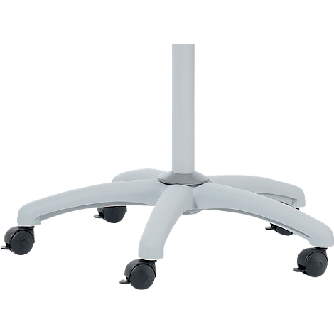 Base d'une lampe médicale sur pied. Gris clair avec cinq extensions sur de petites roulettes noires.