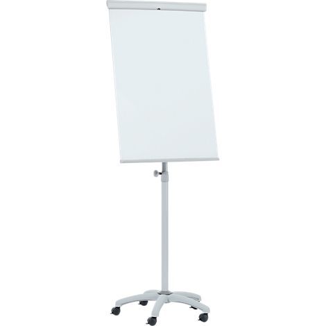 Tableau blanc sur pied blanc à roulettes, prêt pour les présentations.