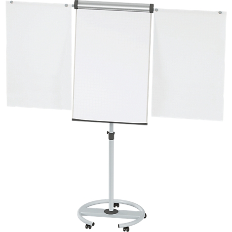 Un paperboard, papier blanc, cadre et support gris. Sur roulettes.