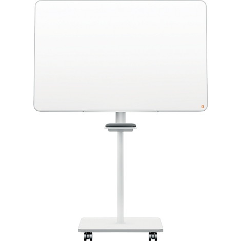 Tableau blanc rectangulaire sur un support roulant blanc. Petit détail rouge en haut à droite.