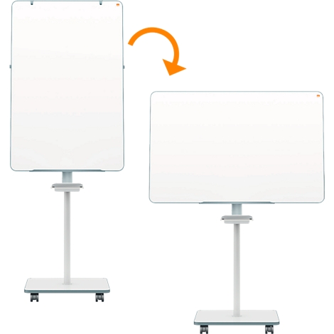 Tableau blanc pivotant sur pied avec roues.