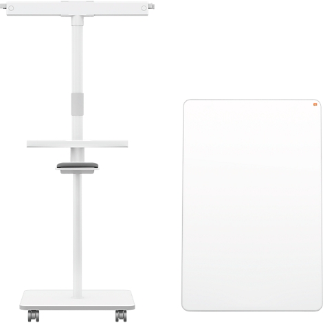 Tableau blanc et support de présentation. Le support est muni de roulettes, d'une étagère et d'une barre réglable en hauteur.