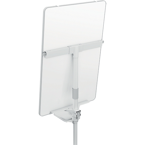 Tableau blanc rectangulaire blanc sur un support blanc réglable en hauteur. Le support a une base ronde et une jointure métallique qui maintient le tableau.