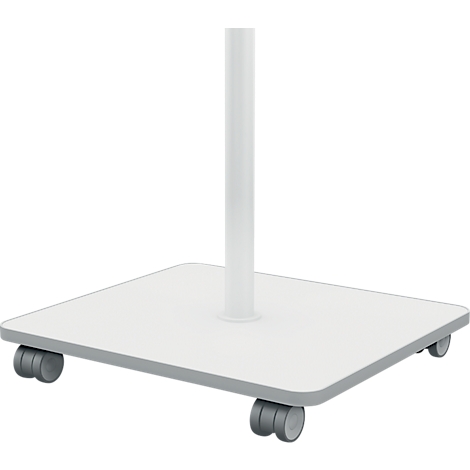 Un support blanc avec roulettes, composé d'une base carrée et d'un poteau vertical.