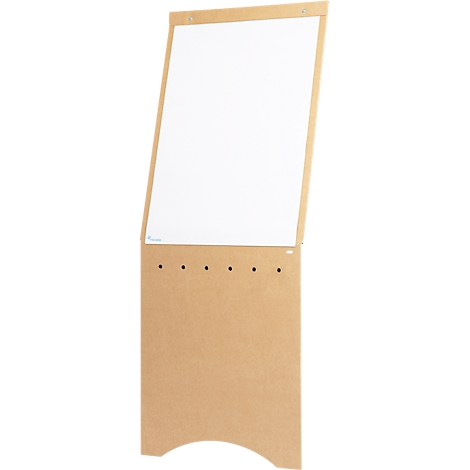 Ein weißes Flipchart mit beigem Holzrahmen und Standfuß.