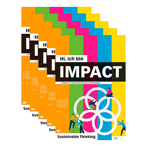 Eine Broschüre mit dem Titel "Hi, ich bin Impact", gestaltet mit bunten Farbblöcken und Abbildungen von Menschen.