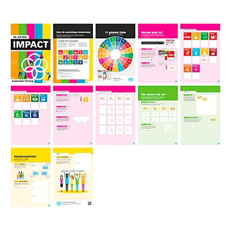 Layouts mit Text und farbigen Grafiken, die sich mit Nachhaltigkeit und globalen Zielen befassen.