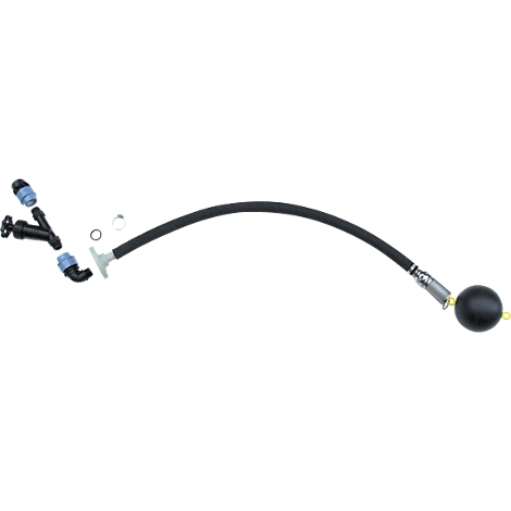 Black hose with individual parts. At the end of the hose is a float with bracket.