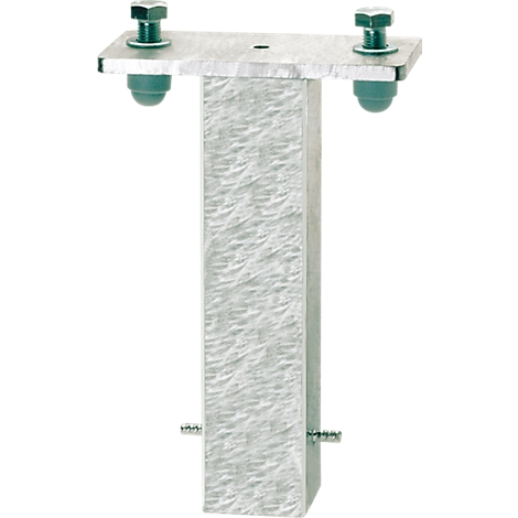 Metal T-shaped construction with screws, grey background. Top: plate with screws. Bottom: elongated, rectangular pillar. The elements are made of metal.