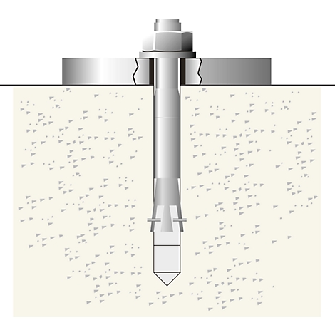 Cross-section of a concrete screw: bolt, nut, washer, and anchor in concrete.