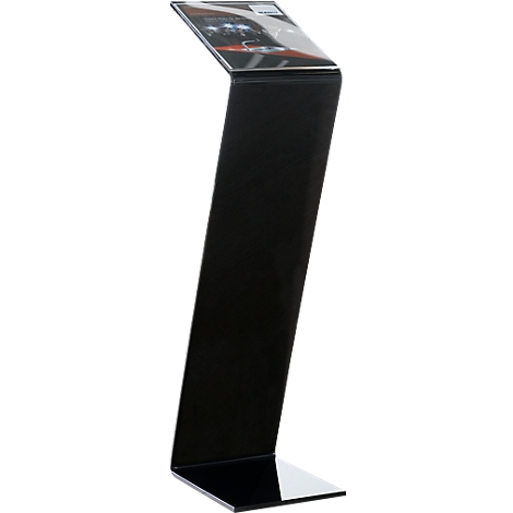 Black, angled display stand. The top, inclined panel may hold a display. The stand has a modern, minimalist aesthetic.