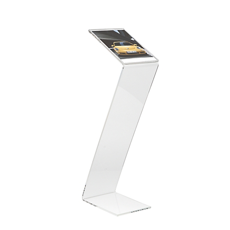 Clear acrylic brochure stand with a photo of a yellow car.