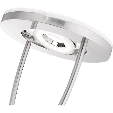 Close-up of a modern, round desk lamp with a metal frame and a round light source.