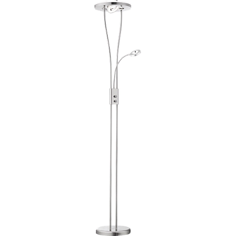 An elegant floor lamp, silver with two lights. One is directed upwards, the other to the side.