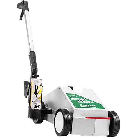 Device for marking lines with spray paint. Silver-colored, with wheels and a handle.