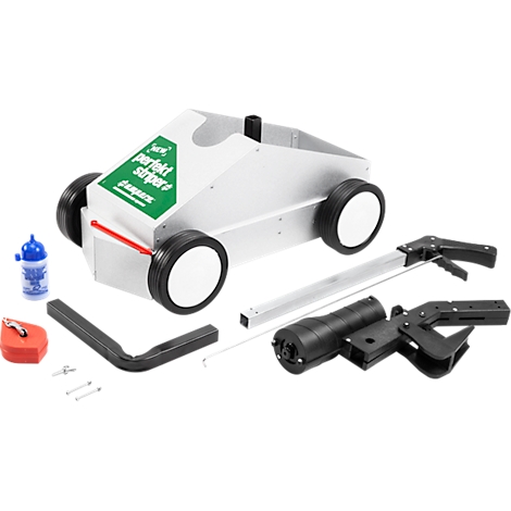 White, rollable device with green and black elements. Beside accessories like bottle, angle, clamps and screws.