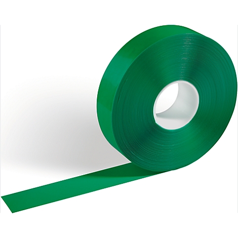 Roll of green tape, with a strip protruding. On a light background.