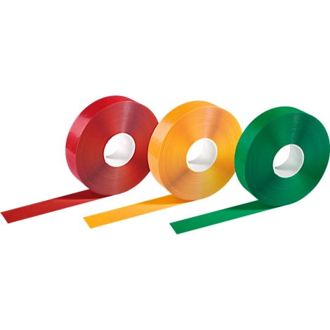 Three rolls of colored adhesive tape: red, orange, and green. Each roll has a strip unrolled.