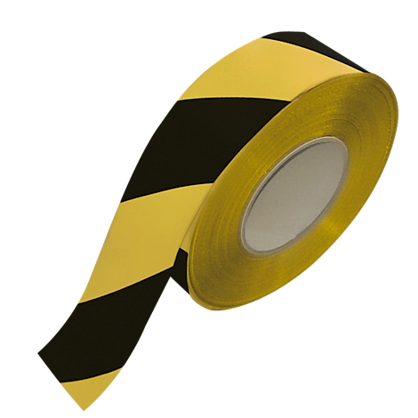 Rolled black and yellow hazard tape roll, diagonal stripes. The background is white.