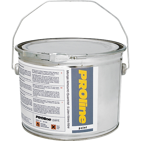 A silver paint bucket with lid and handle. The label reads "PROline paint".