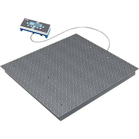 Grey industrial scale with digital display. The scale has a tread plate surface and an attached display showing numbers.