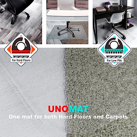 Transparante bureaustoelmat geschikt voor zowel harde vloeren als tapijten. De tekst luidt: "UNOMAT, One mat for both Hard Floors and Carpets."