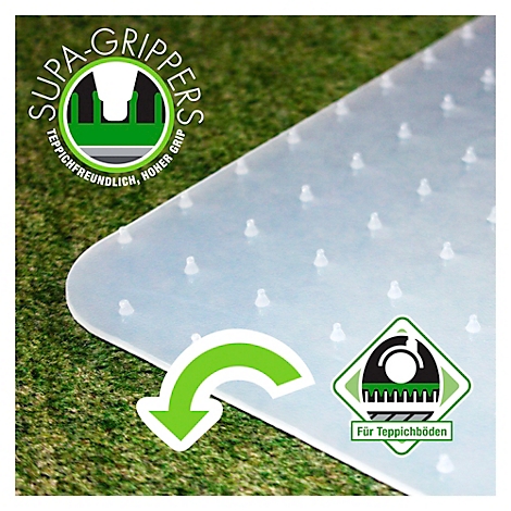 Transparante tapijt onderlegger met noppen op gras. Op de onderlegger staat een groen logo met opschrift.