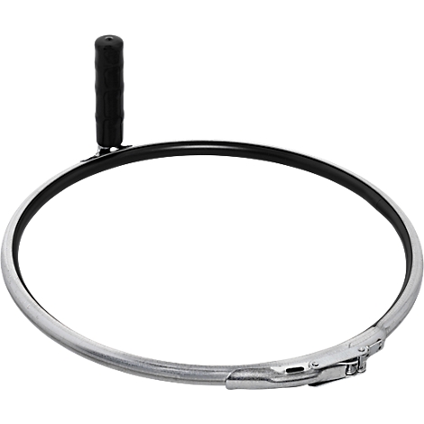 Circular metal tool with handle and clasp.