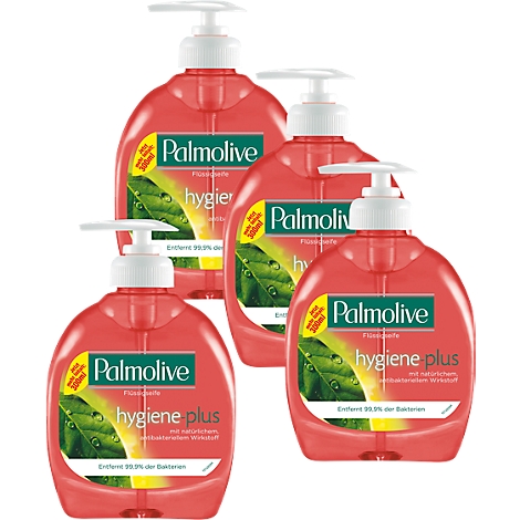 Vier rote Palmolive-Seifenspender. Aufschrift: Hygiene Plus, entfernt 99,9% der Bakterien.
