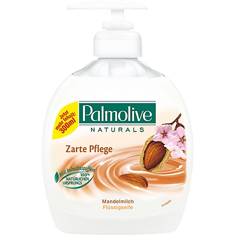 Weißer Palmolive Flüssigseifenspender mit Mandelmuster und Schriftzug. Aufschrift: Zarte Pflege, Mandelmilch.
