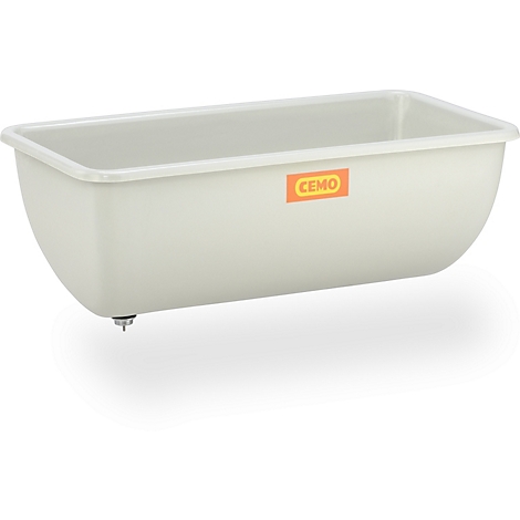 Beige rectangular tub with rounded sides, standing on a leg, with 'CEMO' sticker.