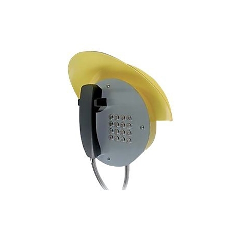 Gelbes Wandtelefon mit grauer Frontplatte, schwarzem Hörer und geschwungener Schutzhaube.