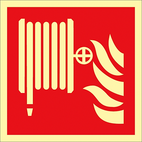 Red emergency sign with a fire hose illustration and flames. Yellow elements on a red background.
