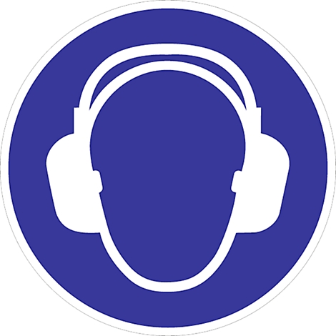 Blue sign with white symbol: hearing protection in the form of earmuffs.