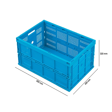 Blue, foldable crate with dimensions 600 x 400 x 320 mm. Perforated side panels, partially folded.