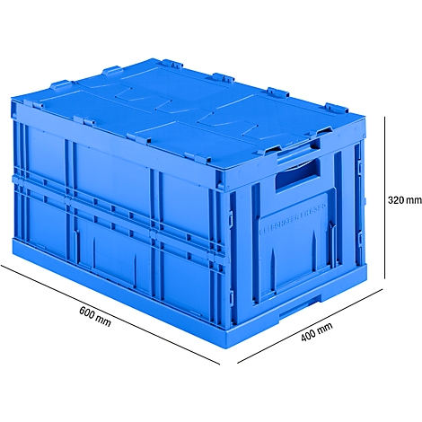 Blue, rectangular folding box with dimensions of 600 x 400 x 320 mm. The box is closed and has a handle on the front.