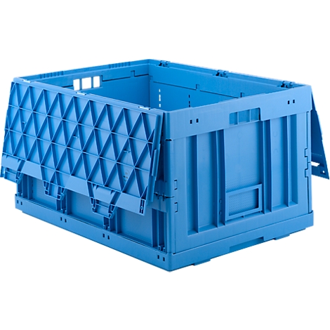 Blue, open folding box with front side up. Detailed view of the structure and the opening.