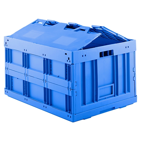 Blue storage container with partially open lid. Rectangular shape, visible structural details.