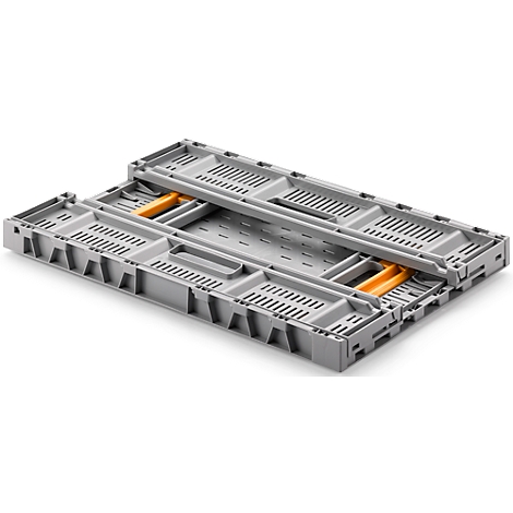 Gray, foldable crate with orange handles.