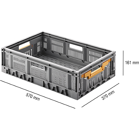 Grey, open transport box with yellow handles. Dimensions are indicated: 570 x 370 x 161 mm.